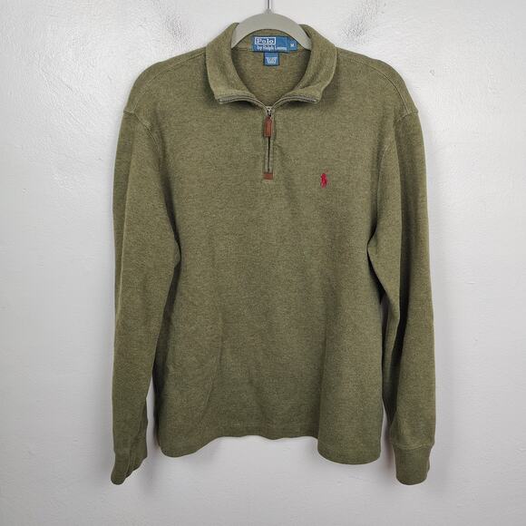 Vintage Polo Ralph Lauren 1/2 Zip Sweater Mens Medium Cotton Olive Green Preppy‎ - Picture 1 of 5